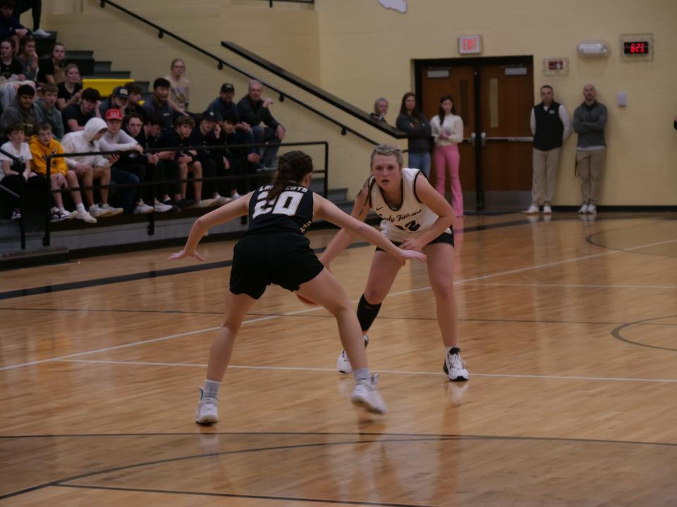 Bushland's Brooklyn Boyett (32) dribbles the ball down the court against Canadian's Kylie Cavalier during a game on Tuesday, February 7, 2023 at Bushland High School.