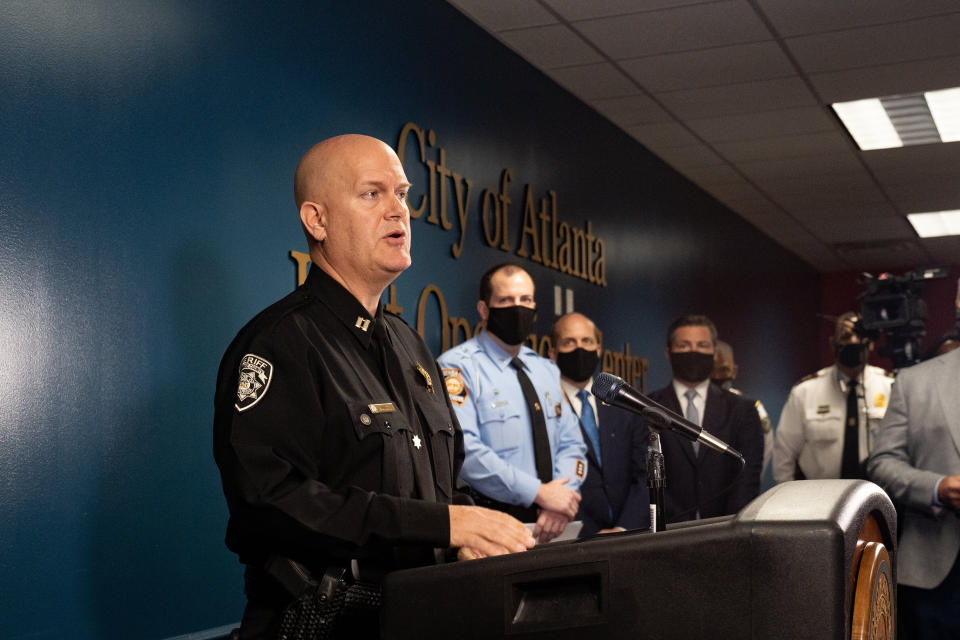 Capt. Jay Baker of the Cherokee County Sheriff's Office speaks at a press conference on March 17, 2021 in Atlanta after mass shooting suspect Robert Aaron Long, 21, was arrested for the Atlanta-area attacks that killed eight people.  (Photo: Megan Varner via Getty Images)