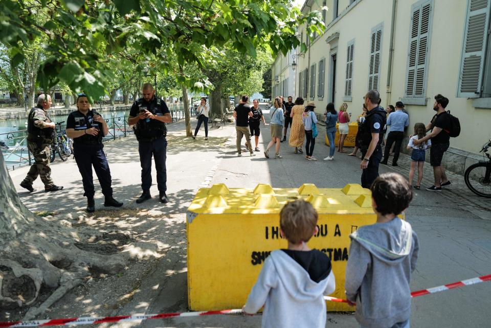 French police maintain a secure cordon in Annecy, southeast France, June 8, 2023, following a mass stabbing in the French Alpine town. / Credit: OLIVIER CHASSIGNOLE/AFP/Getty