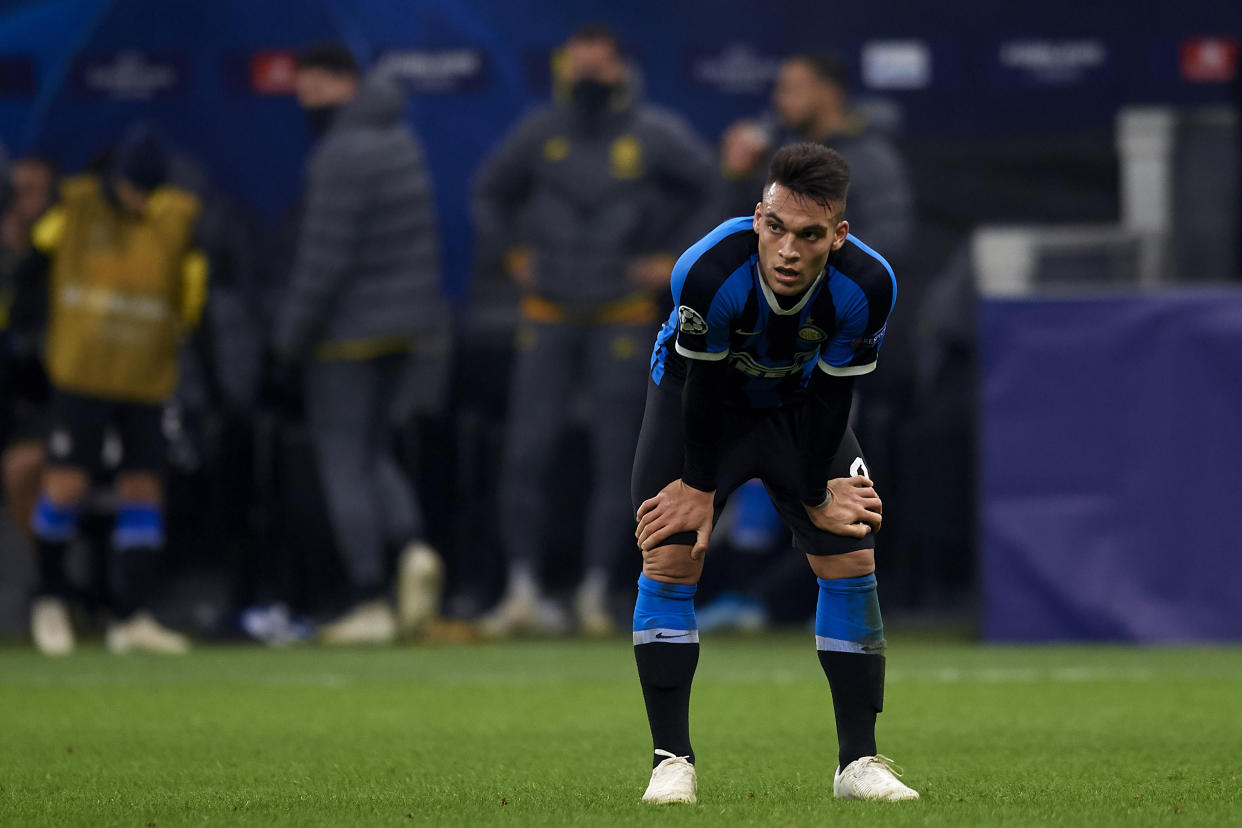 Lautaro Martinez and Inter Milan are out of the Champions League after a loss at home to Barcelona. (Photo by Jose Breton/Pics Action/NurPhoto via Getty Images)