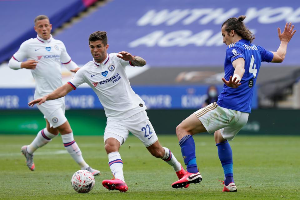 Christian Pulisic (middle) put in another strong performance for Chelsea in Saturday's FA Cup quarterfinal win over Leicester before leaving the match with what appeared to be a calf injury. (Tim Keeton/Getty Images)