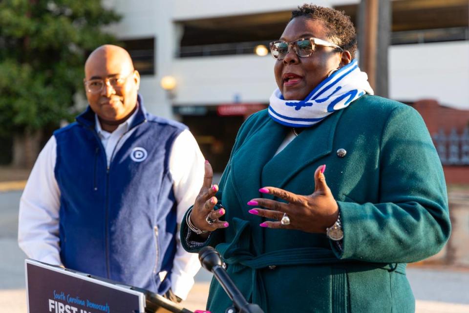 South Carolina Democratic Party chair Christale Spain speaks to media before Democrats vote in Columbia, South Carolina on Saturday, February 3, 2024. This is the first time South Carolina has been the official first state for a Democratic Party Primary.