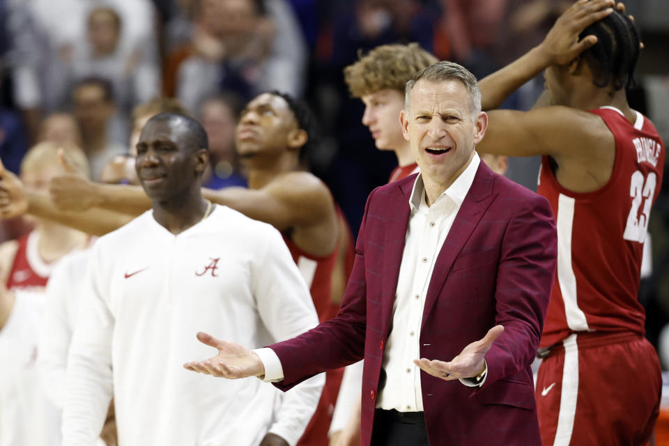 Alabama head coach Nate Oats reacts to a call during the second half of an NCAA college basketball game against Auburn, Wednesday, Feb. 7, 2024, in Auburn, Ala. (AP Photo/ Butch Dill)