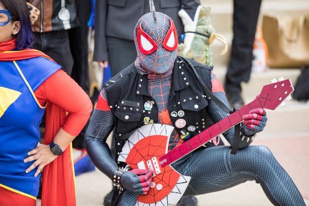 A large group of Marvel cosplayers pose for a group photo on Day 3 of Comic-Con International 2023 on July 22, 2023 in San Diego, California. 