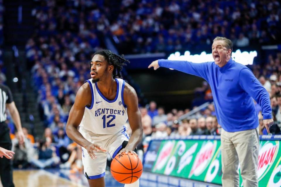 The news Wednesday that Kentucky guard Antonio Reeves (12) has returned to Lexington and plans to spend his super-senior season playing for the Wildcats in 2023-24 is a ray of sunshine in what has been a difficult offseason for UK head man John Calipari, right. Silas Walker/swalker@herald-leader.com