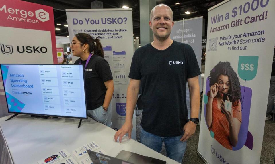 Juha Mikkola, shown here at his Usko Privacy booth during eMerge Americas trade show last week in Miami Beach, says, ‘We’re not in a position that we have to raise capital this year.’