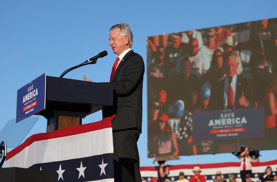 MINDEN, Nev. - U.S. Sen. Tommy Tuberville (R-AL) speaks during a campaign rally at Minden-Tahoe Airport on October 08, 2022 in Minden, Nevada. (Photo by Justin Sullivan/Getty Images)