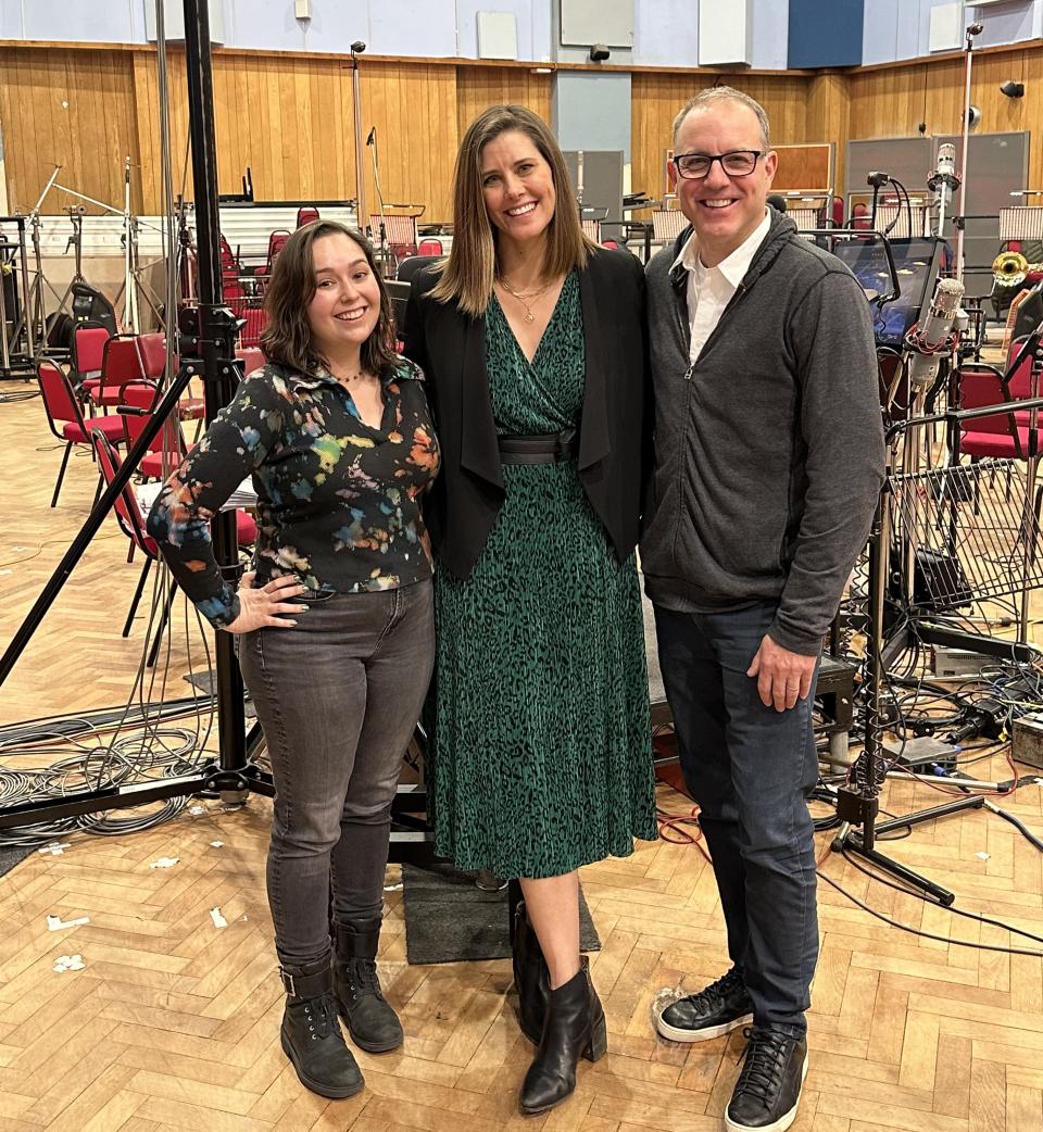 From left: ‘Ruby Gillman’ creatives Faryn Pearl,Kelly Cooney and Kirk DeMicco at Abbey Road Studios (Baz Bamigboye/Deadline)