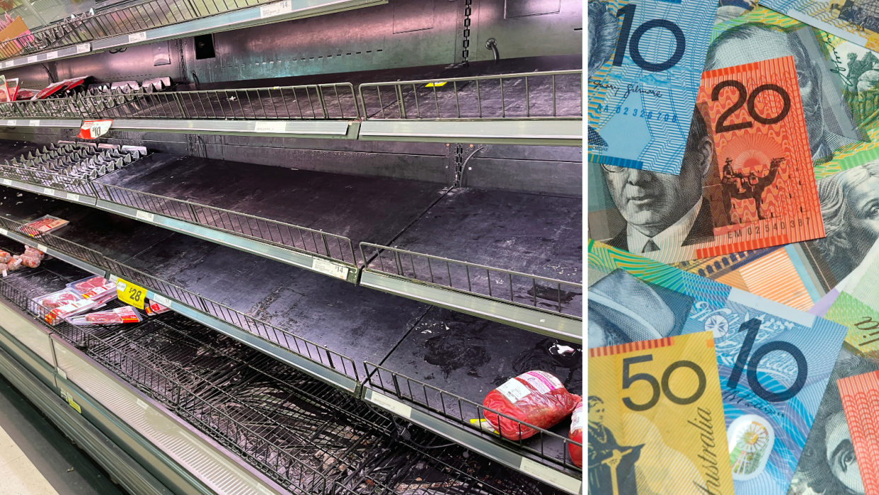 Composite image of empty supermarket shelves and money, to signify inflation and supply chain issues