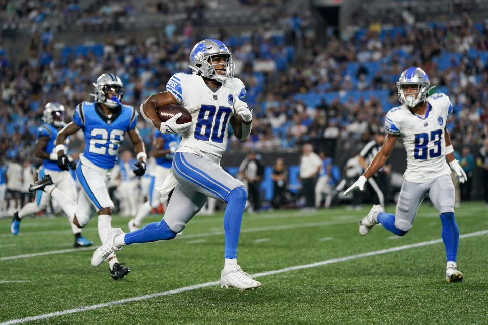 Detroit Lions wide receiver Antoine Green runs for a touchdown during the first half of a preseason NFL football game against the Carolina Panthers Friday, Aug. 25, 2023, in Charlotte, N.C. (AP Photo/Erik Verduzco)