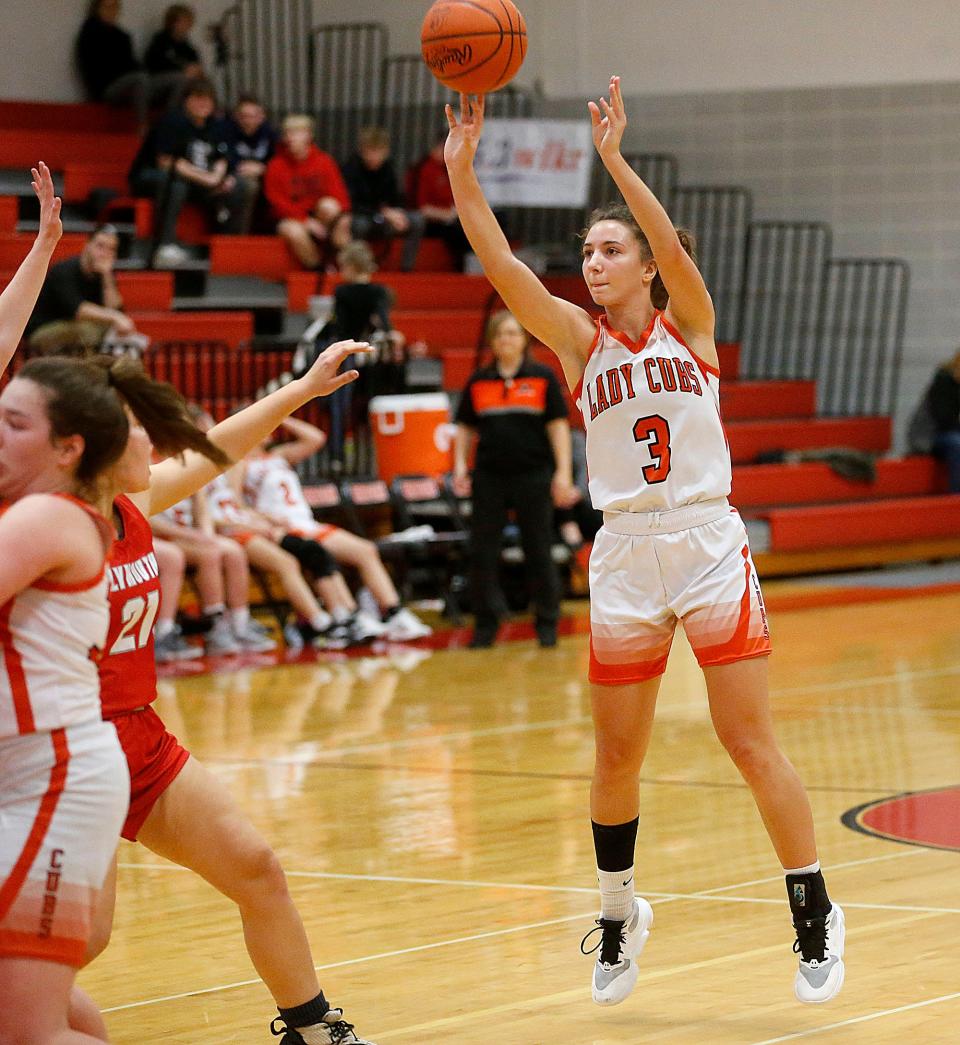 Lucas High School's Shelby Grover (3) puts up a shot against Plymouth High School during their Division IV Northwest District sectional high school girls basketball game at Crestview High School Thursday, Feb. 16, 2023. TOM E. PUSKAR/NEWS JOURNAL