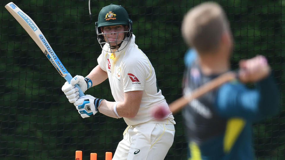 David Warner, pictured here giving Steve Smith some extra practice in the nets.