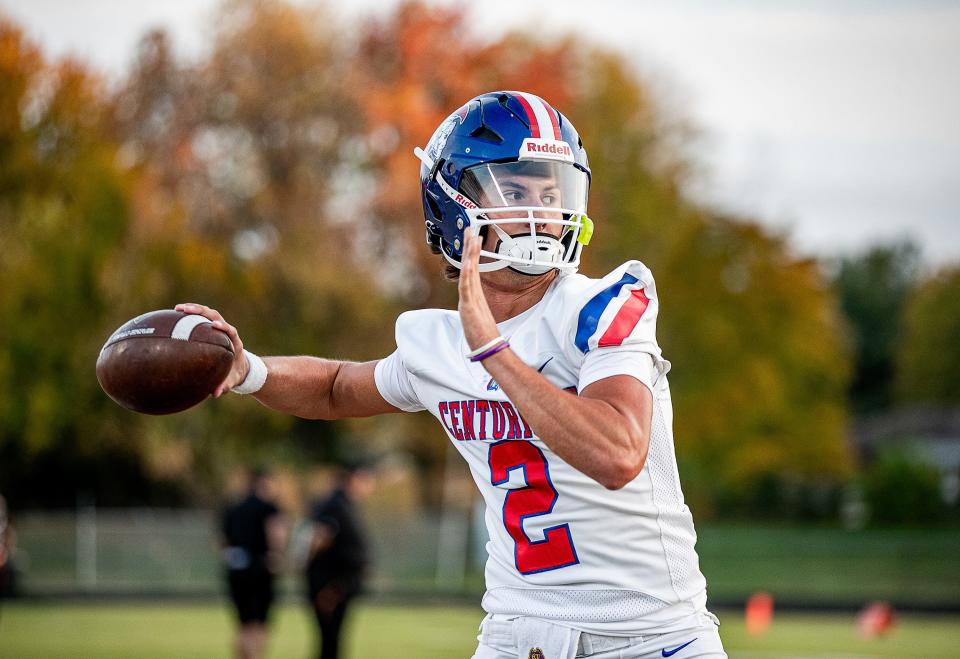 Christian Academy quarterback Cole Hodge (2) warmed up before the Centurions faced off against the Fern Creek Tigers on Oct. 27.