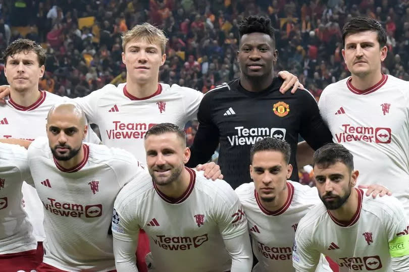 ISTANBUL - (back l-r) Alejandro Garnacho of Manchester United FC, Victor Lindelof of Manchester United FC, Rasmus Hojlund of Manchester United FC, Manchester United FC goalkeeper Andre Onana, Harry Maguire of Manchester United FC (front l-r) Scott McTominay of Manchester United FC , Aaron Wan Bissaka of Manchester United FC, Sofyan Amrabat of Manchester United FC, Luke Shaw of Manchester United FC, Antony of Manchester United FC, Bruno Fernandes of Manchester United FC during the UEFA Champions League Group A match between Galatasaray SK and Manchester United FC at the Ali Sami Yen Spor Kompleksi Stadium on November 29 in Istanbul, Turkey. ANP | Hollandse Hoogte | GERRIT VAN COLOGNE (Photo by ANP via Getty Images)