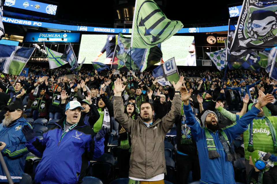 Mar 7, 2020; Seattle, Washington, USA; Seattle Sounders FC fans cheer before a game against the Columbus Crew at CenturyLink Field. Mandatory Credit: Jennifer Buchanan-USA TODAY Sports