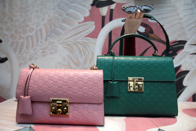 FILE PHOTO: Gucci products are displayed in the window of a store on Old Bond Street in London