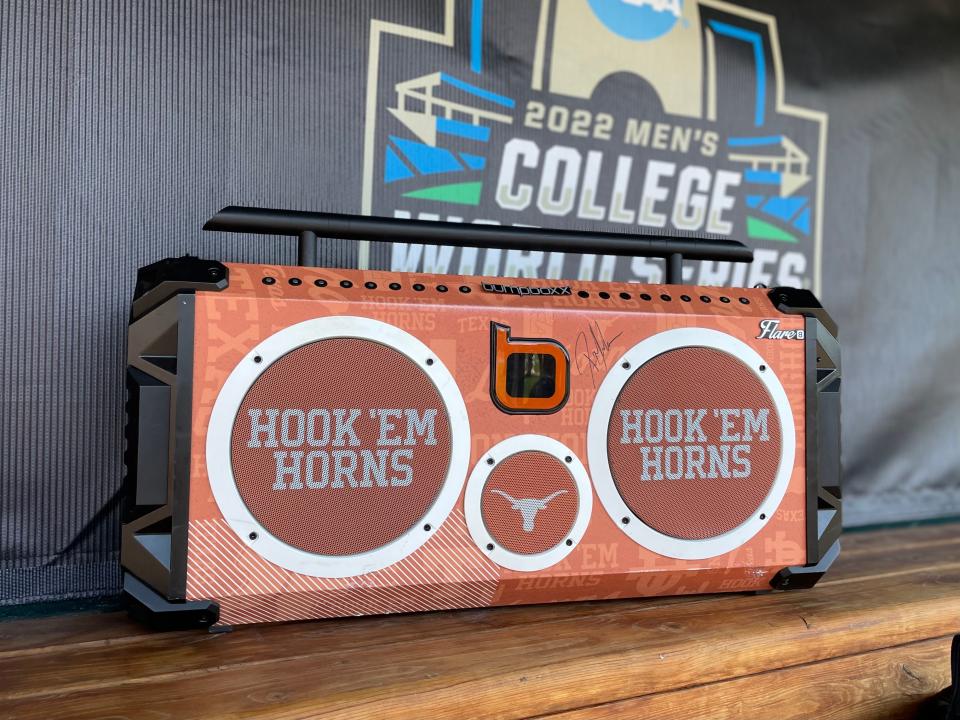 Texas' burnt-orange boombox has been a part of the team all season, from daily practices to press conferences to here, resting in the UT dugout during batting practice Thursday at Charles Schwab Field in Omaha, Neb., site of the College World Series.