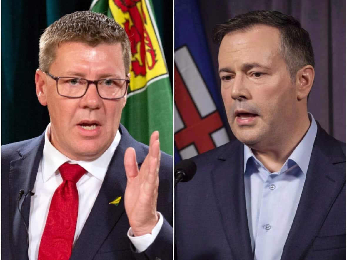 Saskatchewan Premier Scott Moe and Alberta Premier Jason Kenney have signed a letter calling on the Canadian and U.S. governments to exempt truck drivers from vaccination requirements. (Bryan Eneas/CBC; Jeff McIntosh/The Canadian Press - image credit)