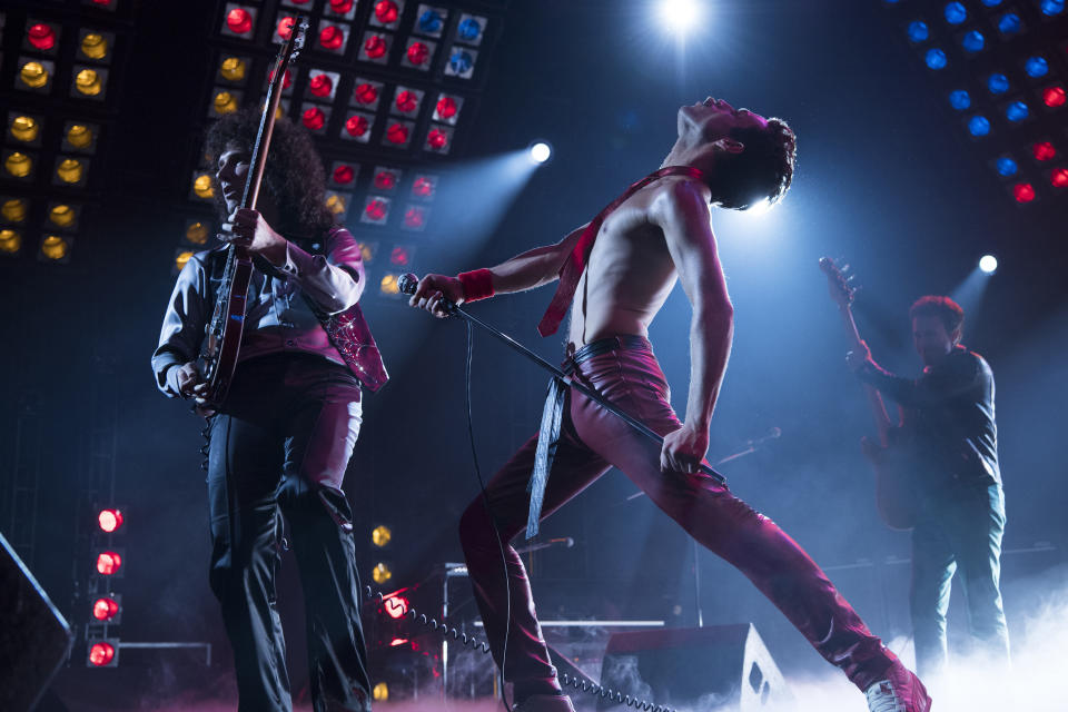 This image released by Twentieth Century Fox shows Gwilym Lee, from left, Rami Malek and Joe Mazzello in a scene from "Bohemian Rhapsody." The film is nominated for an Oscar for best picture. The 91st Academy Awards will be held on Sunday. (Alex Bailey/Twentieth Century Fox via AP)