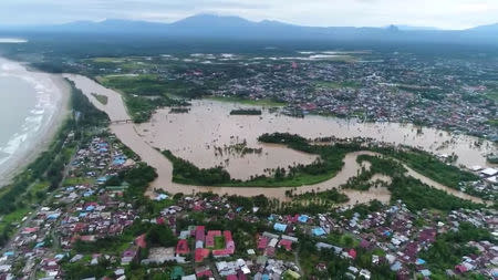 A flooded area is seen in Bengkulu, Indonesia, in this still image from video taken April 27, 2019, obtained from social media. EP CREATIVE PRODUCTIONS/via REUTERS