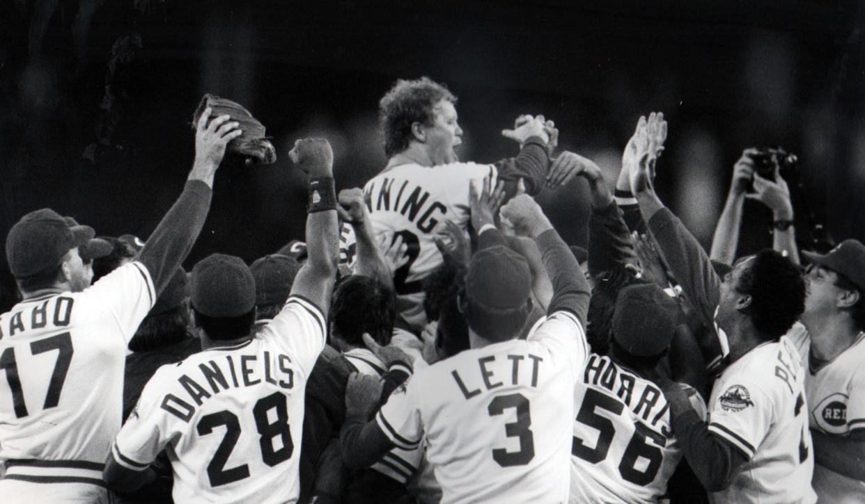 SEPTEMBER 16, 1988: The Reds sweep pitcher Tom Browning off his feet after striking out the Dodgers' Tracy Woodson for the final out of his 1-0 perfect game Friday, 9/16/88.
The Enquirer/Gary Landers
scanned February 16, 2010