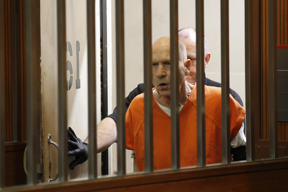 Joseph James DeAngelo, charged with being the Golden State Killer, enters a Sacramento County Superior Courtroom in Sacramento, Calif., Thursday, March 12, 2020. Superior Court Judge Steve White approved prosecutors' request to take more DNA samples from DeAngelo over the objections of his defense attorneys. (AP Photo/Rich Pedroncelli)