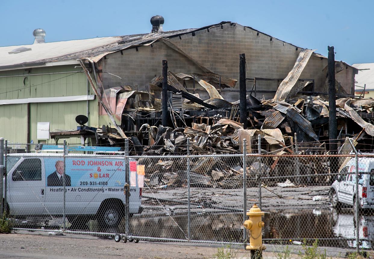 The Rod Johnson Air and Solar building on Broadway Avenue was destroyed by an early morning fire in Stockton on June 14, 2022.