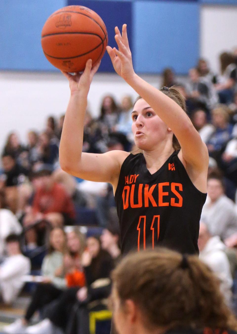 Marlington's Chelsea Evanich takes a shot during a game at Louisville on Wednesday, Jan. 12.