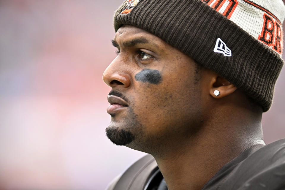 FILE 0 Cleveland Browns quarterback Deshaun Watson walks on the field during an NFL football game against the Tennessee Titans, Sunday, Sept. 24, 2023, in Cleveland. Watson is not practicing again as he continues to be slowed by an injured right shoulder, leaving his status for Sunday's game against unbeaten San Francisco in question. Watson, who sat out Cleveland's game on Oct. 1, is dealing with a bruised rotator cuff in his throwing shoulder. (AP Photo/David Richard, File)