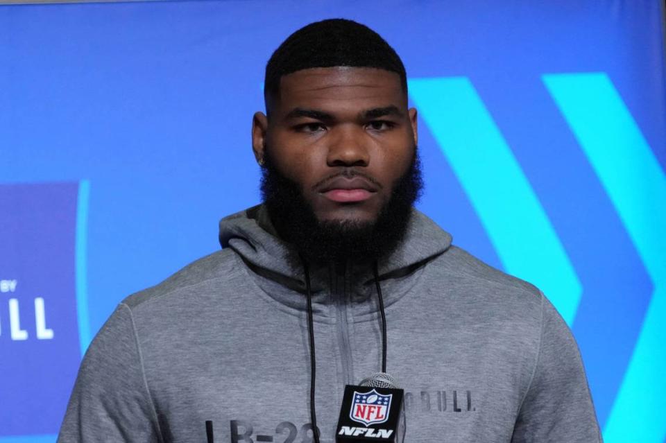 Mar 1, 2023; Indianapolis, IN, USA; San Jose State defensive lineman Viliami Fehoko, Jr. (DL28) during the NFL Scouting Combine at the Indiana Convention Center.