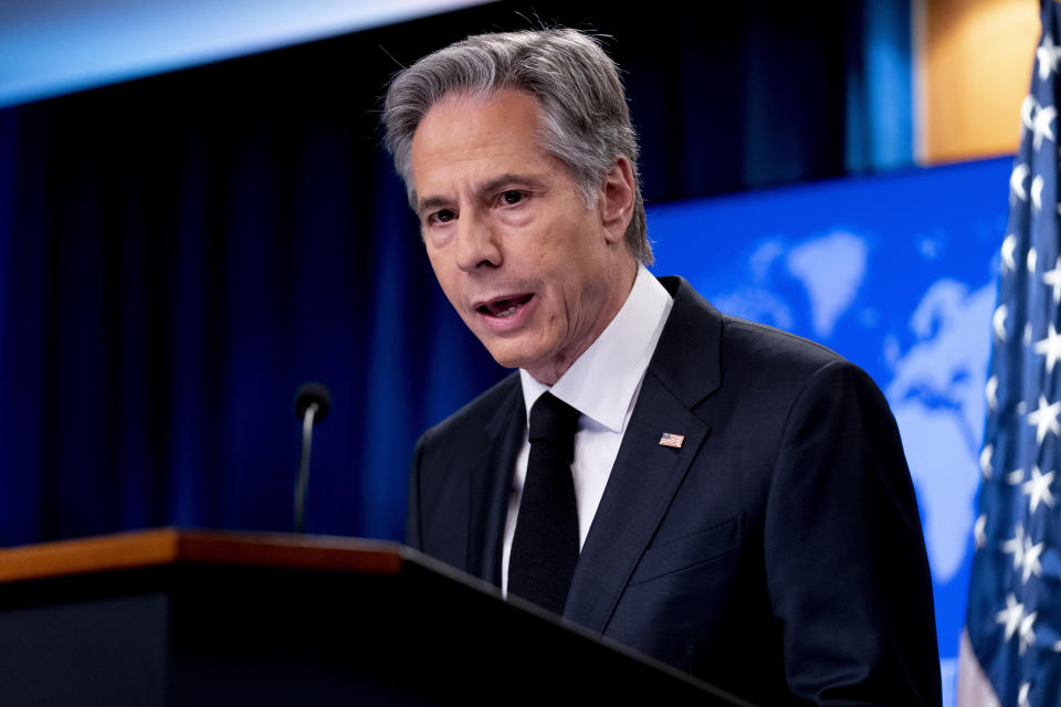 Secretary of State Antony Blinken speaks at a briefing on the 2022 Country Reports on Human Rights Practices at the State Department in Washington, Monday, March 20, 2023. (AP Photo/Andrew Harnik)