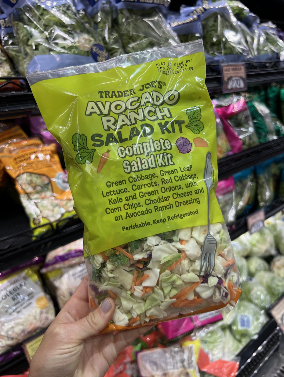 Close-up of a hand holding a Trader Joe’s Avocado Ranch Salad Kit bag with cabbage, lettuce, carrots, red cabbage, corn chips, cheese, and avocado ranch dressing