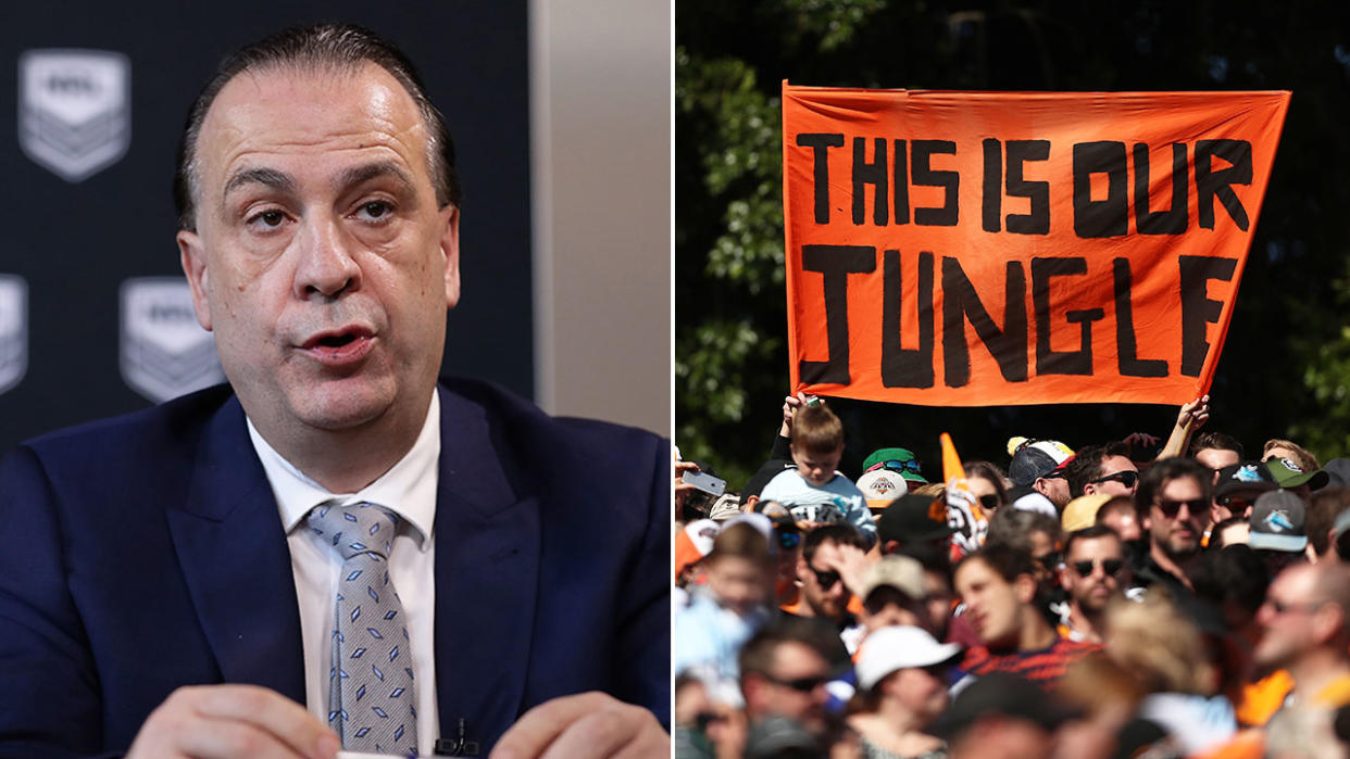 Seen here, ARLC chairman Peter V'landys and fans at Leichhardt Oval.