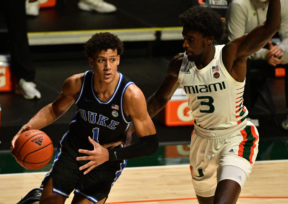 Jalen Johnson (#1) of the Duke Blue Devils drives to the basket against Miami on Feb. 01. (Mark Brown/Getty Images)