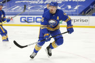 FILE - Buffalo Sabres defenseman Rasmus Ristolainen (55) skates during the first period of an NHL hockey game against the Washington Capitals in Buffalo, N.Y., in this Monday, March 15, 2021, file photo. The Sabres' offseason overhaul has begun with Buffalo trading veteran defenseman Rasmus Ristolainen to the Philadelphia Flyers on Friday, July 23, 2021. Buffalo acquired fifth-year defenseman Robert Hagg and the Flyers first-round pick. (AP Photo/Jeffrey T. Barnes, File)