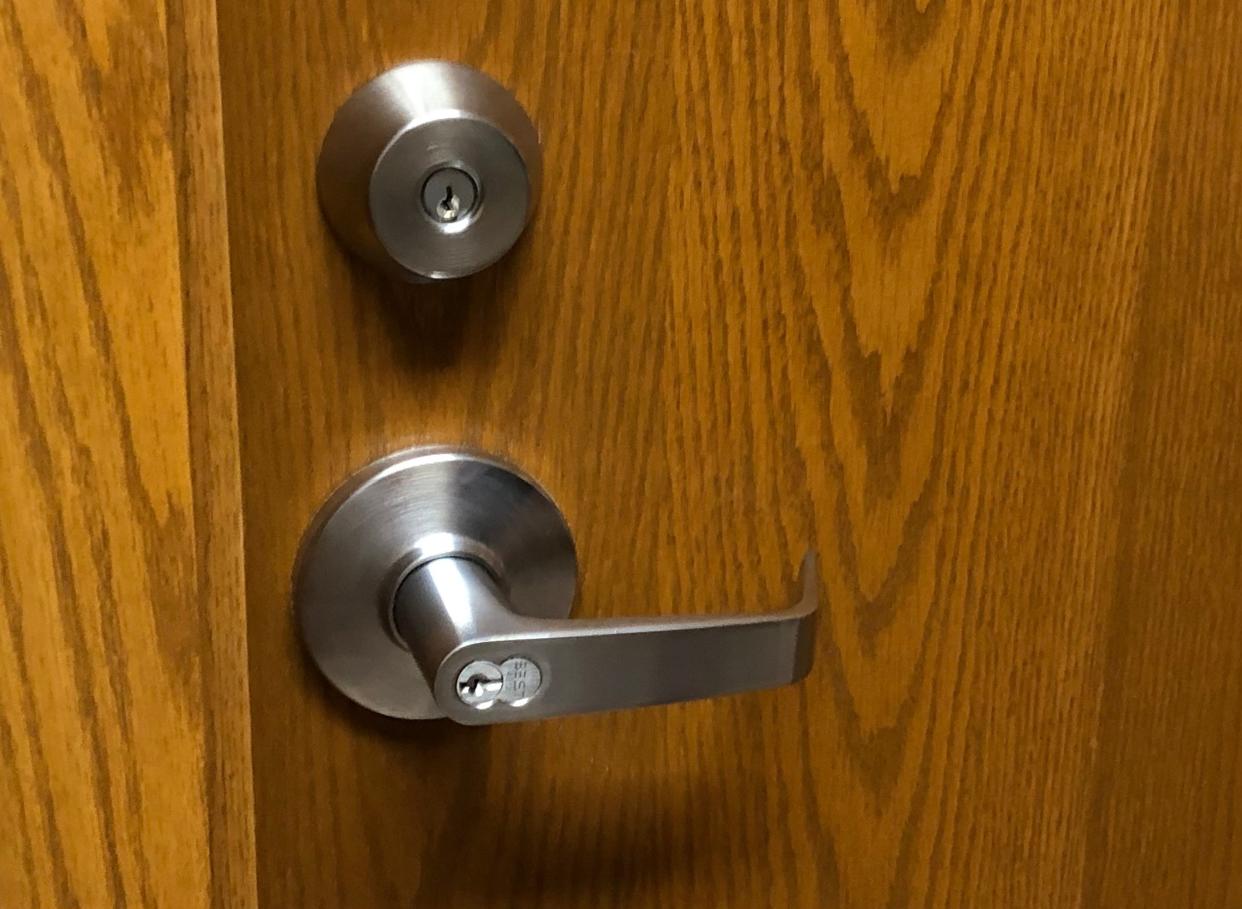 This is the set of two locks on the door to the ballot room in the St. Joseph County clerk's department. One lock is supposed to be totally controlled by Republicans and one by Democrats.