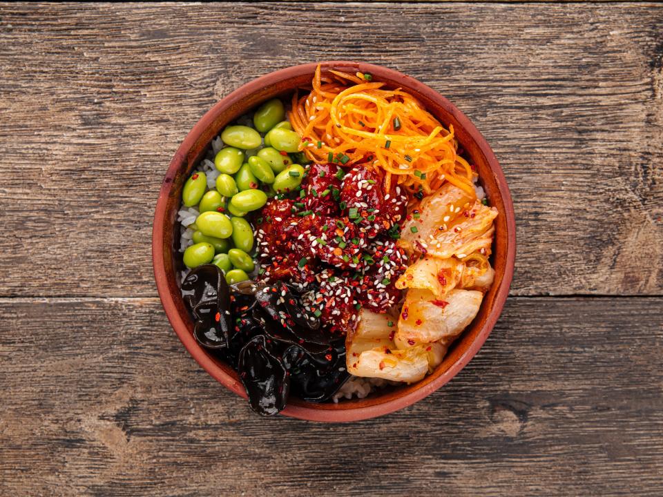 A poke bowl with kimchi