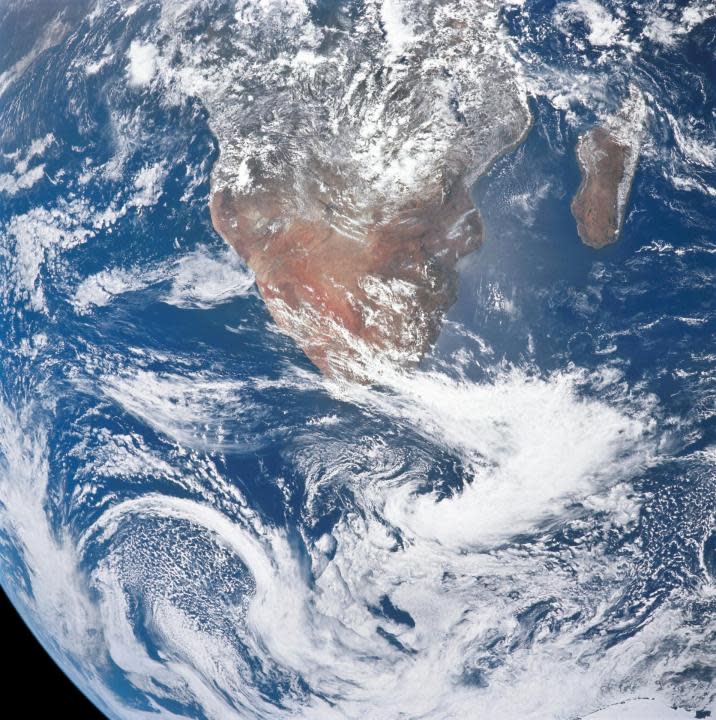 (7 Dec. 1972) — This view of a portion of Earth was taken from the Apollo 17 spacecraft following trans-lunar insertion during the final lunar landing mission in NASA’s Apollo Program. The visible land mass is the southern two-thirds of the African continent, with Madagascar at right. A portion of Antarctica is visible at bottom frame. (NASA)