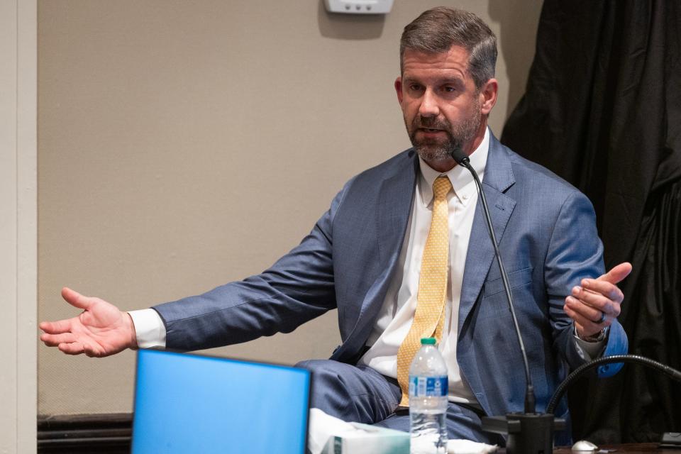 Witness Mark Tinsley, the attorney for Mallory Beach’s family, is questioned by prosecutor Creighton Waters during Alex Murdaugh’s trial for murder at the Colleton County Courthouse on Thursday, February 9, 2023. Joshua Boucher/The State/Pool