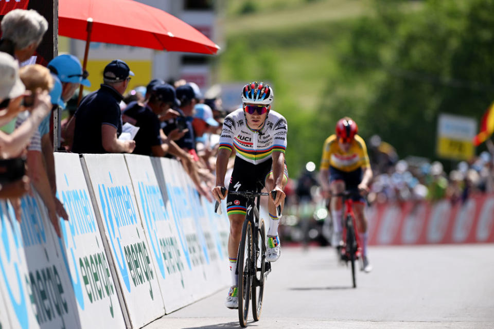 LEUKERBAD SWITZERLAND  JUNE 14 Remco Evenepoel of Belgium and Team Soudal QuickStep crosses the finish line during the 86th Tour de Suisse 2023 Stage 4 a 1525km stage from Monthey to Leukerbad 1367m  UCIWT  on June 14 2023 in Leukerbad Switzerland Photo by Dario BelingheriGetty Images