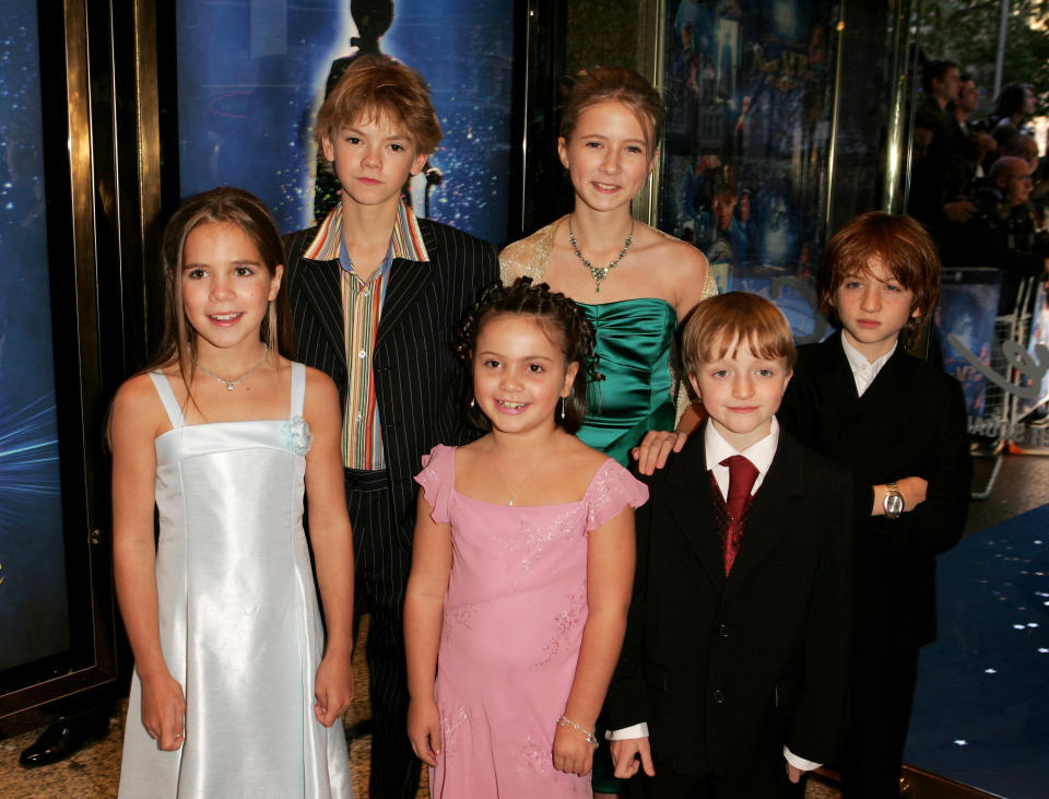 LONDON - OCTOBER 09: Actors (from left to right) Jennifer Rae Daykin, Thomas Sangster, Holly Gibbs, Eliza Bennett, Sam Honywood and Raphael Coleman arrive at the The World Charity Premiere of "Nanny McPhee" in aid of The Refugee Council, at the UCI Empire, Leicester Square on October 9, 2005 in London, England. (Photo by Dave Hogan/Getty Images)