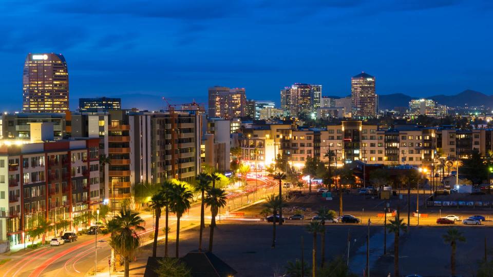 The skyline of Scottsdale, Arizona, in evening light.