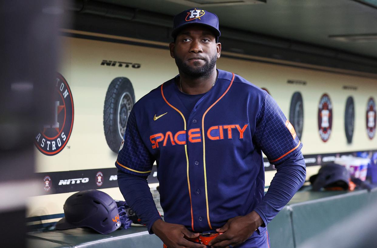 Astros slugger Yordan Alvarez shows off the team's City Connect jersey before a game against the Orioles at Minute Maid Park in Houston on Sept. 18, 2023.