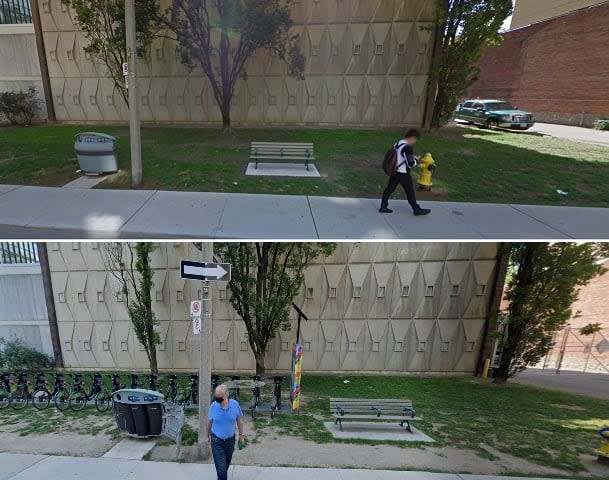 The parkette has deteriorated from a lush, well maintained greenspace in 2016 (top) to the worn-out dustbowl it's become lately. The bottom picture was taken in 2021. 