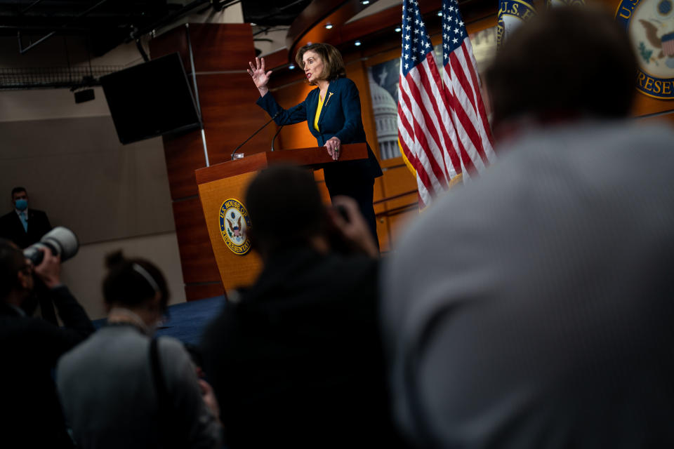 WASHINGTON, DC - DECEMBER 15: Speaker of the House Nancy Pelosi (D-CA) gestures while speaking at her weekly press conference on Capitol Hill on Wednesday, Dec. 15, 2021 in Washington, DC.  (Kent Nishimura / Los Angeles Times via Getty Images)