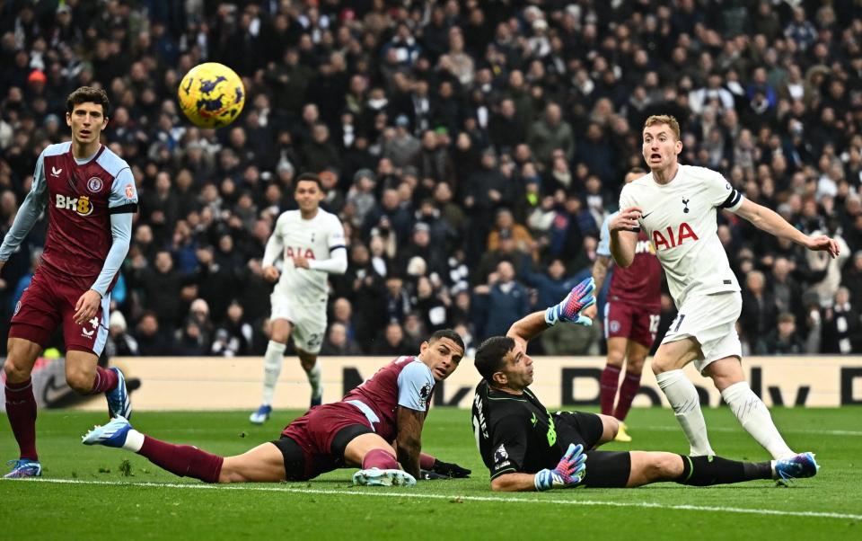 Tottenham Hotspur's Dejan Kulusevski misses a chance to score