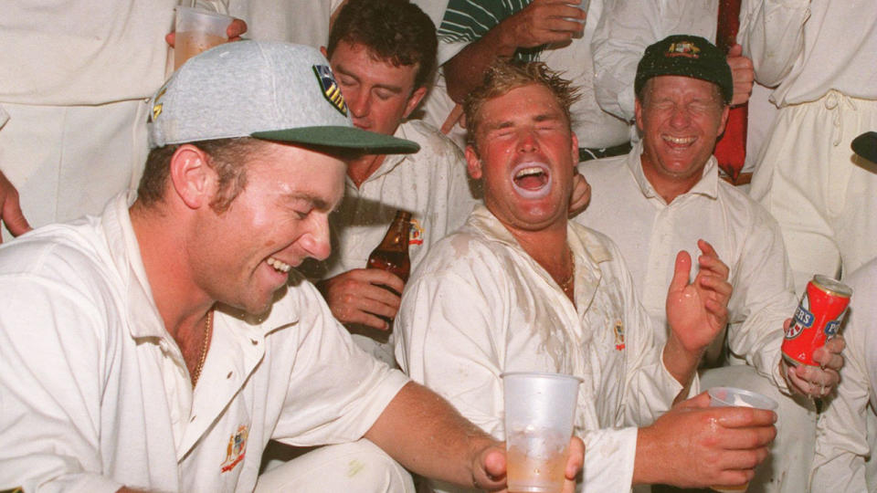 Pictured here, Shane Warne celebrates with teammates during The Ashes.