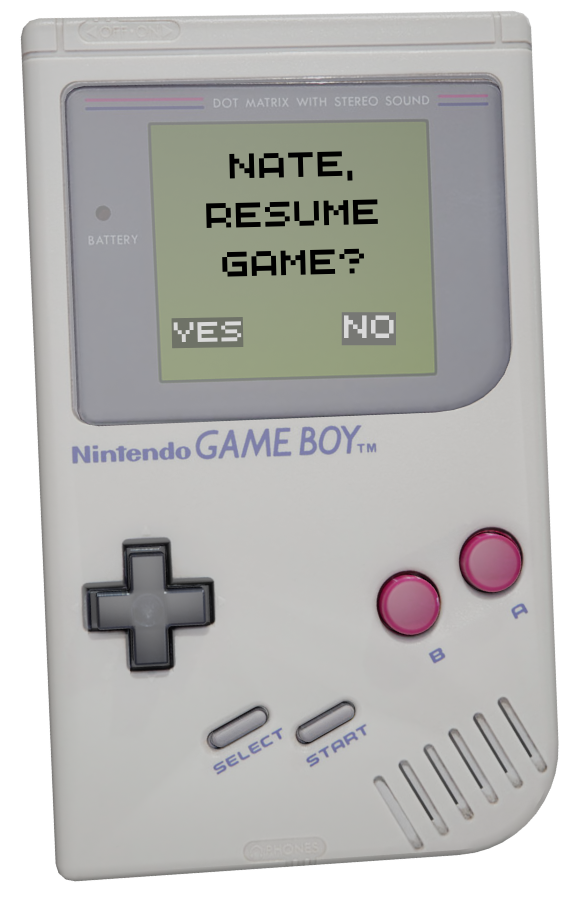 Original Nintendo Game Boy with a resume game screen, relevant for discussing the evolution of portable work tech