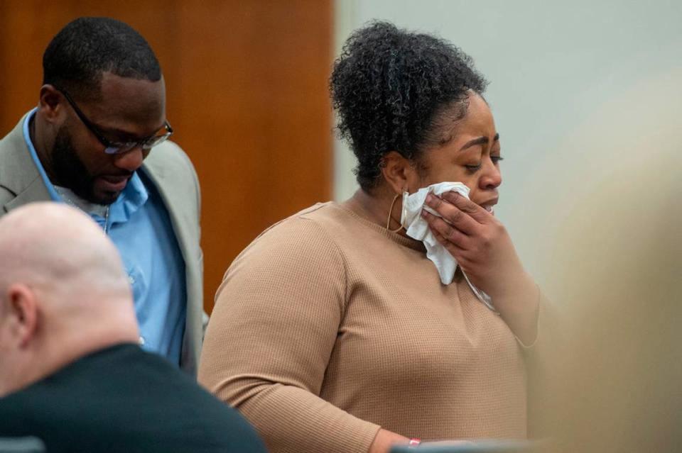 Sharay North, the mother of Kevin North Jr., cries after speaking to the court about her son during Izaun Baxter’s guilty plea in Harrison County Circuit Court in Biloxi on Tuesday, March 12, 2024. Baxter was sentenced to 20 years, 10 to serve in prison and 10 suspended, on manslaughter charges after he caused a fatal crash killing Kevin North Jr. and Ollie Armstrong while going over 80mph on Highway 90 in 2020.