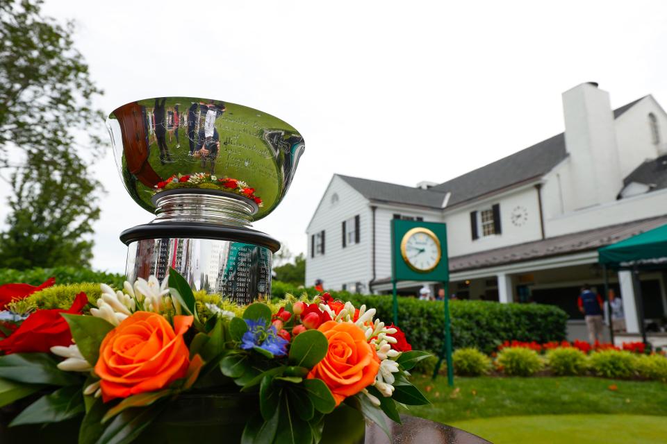 A view of the Curtis Cup trophy and the iconic clubhouse before the start of the Four-Ball Matches at the 2022 Curtis Cup at Merion Golf Club in Ardmore, Pa. on Saturday, June 11, 2022. (Chris Keane/USGA)